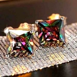 NWOT Princess-Cut Mystic Topaz Stud Earrings.